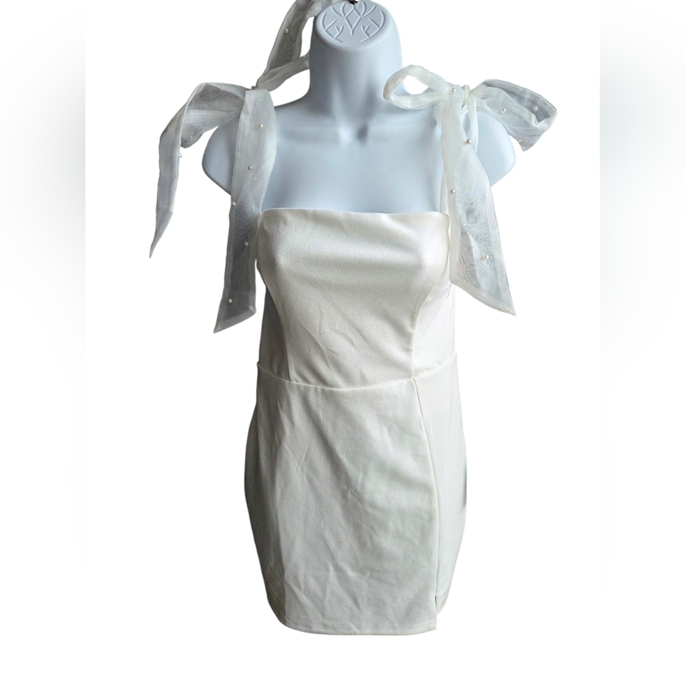 Lulus Beaming Perfection White Pearl Organza Tie-Strap Mini Dress Wedding Size M - Picture 1 of 4